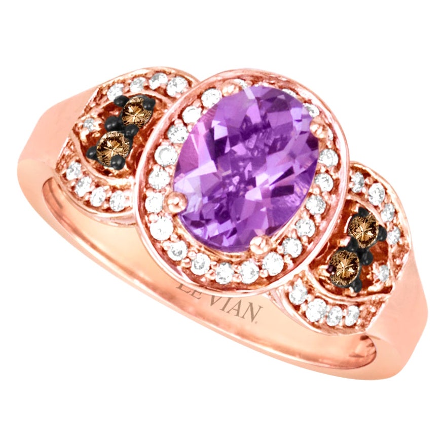 LeVian 14K Rose Gold Amethyst Round Brown Chocolate Diamond Classic Halo Ring For Sale