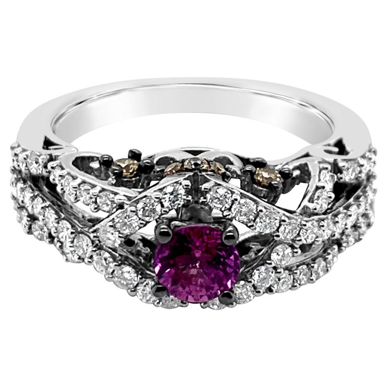 LeVian Ring Purple Sapphire Chocolate Diamonds White Diamonds 14K White Gold For Sale
