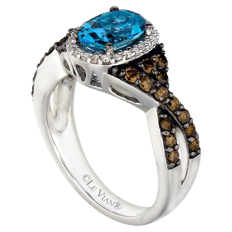 LeVian 14K White Gold Blue Topaz Round Chocolate Brown Diamonds Cocktail Ring