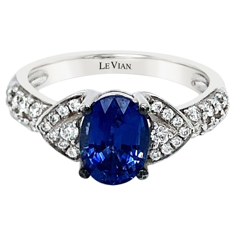 LeVian 14K White Gold Ceylon Sapphire Round Diamond Beautiful Cocktail Ring For Sale