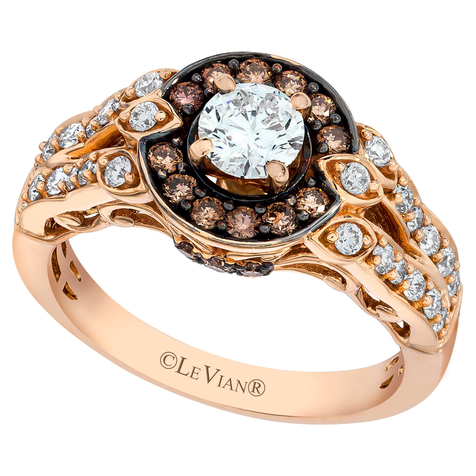 LeVian 14K Rose Gold Round Chocolate Brown Diamond Bridal Wedding Halo Ring For Sale