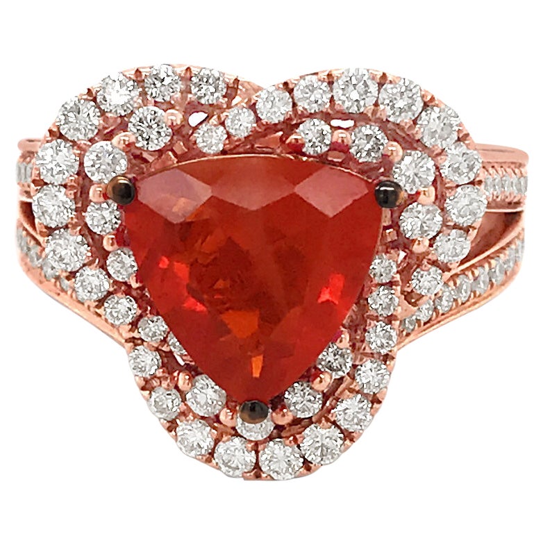 Halo-Ring, 14 Karat Roségold, orangefarbener Feueropal, runder schokoladenbrauner Diamant im Angebot