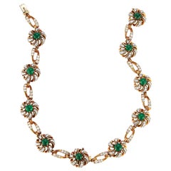 Vintage Cabochon Emerald & Diamond Flower Necklace 