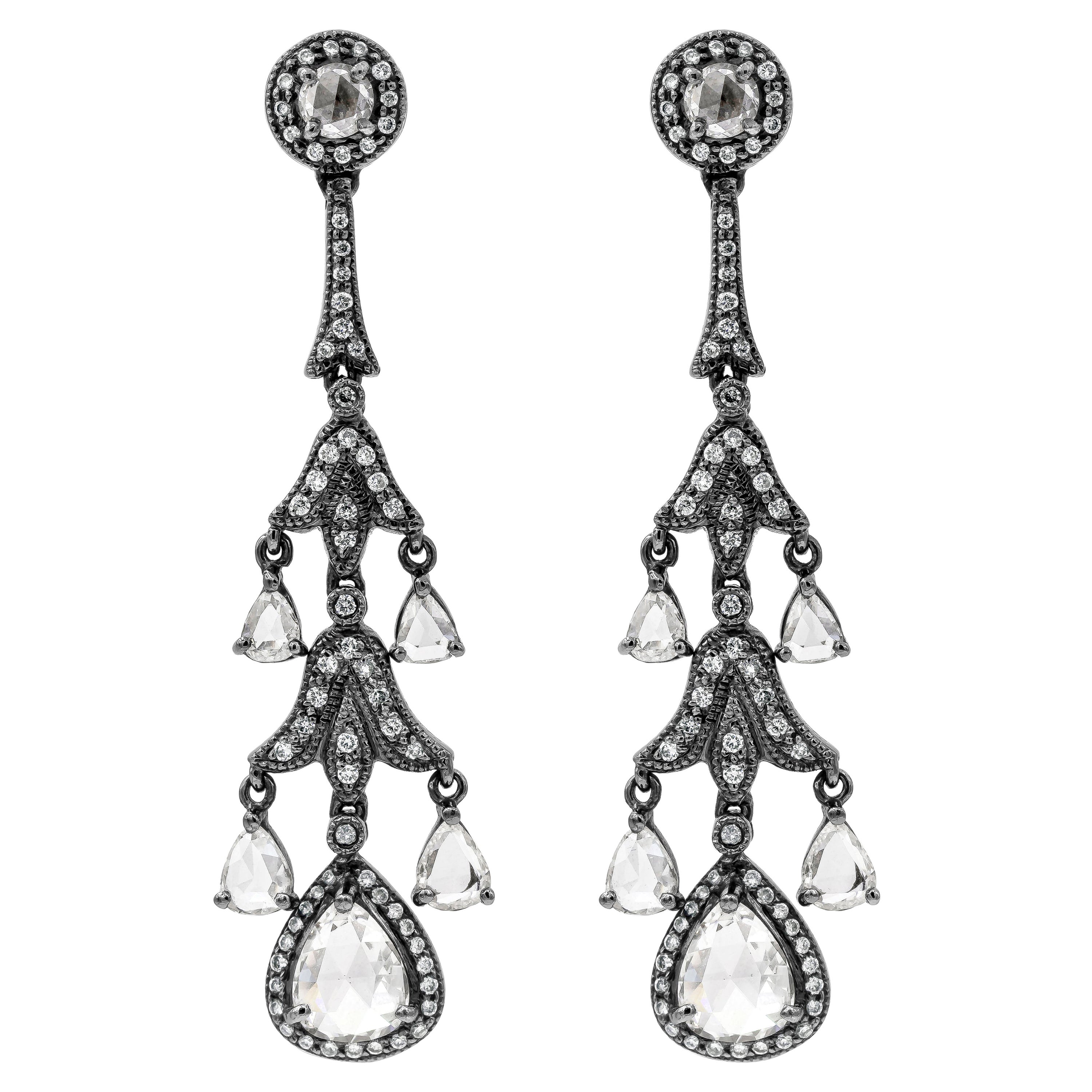 Roman Malakov 2.88 Carats Total Mixed Cut Diamonds Chandelier Earrings For Sale