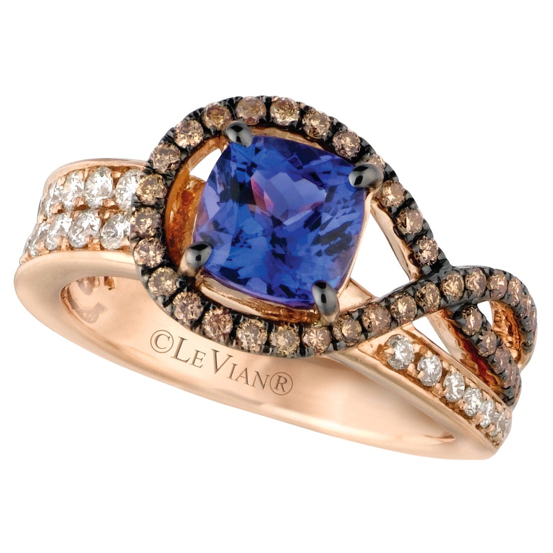 LeVian 14K Rose Gold Tanzanite Round Chocolate Brown Diamonds Cocktail Ring For Sale
