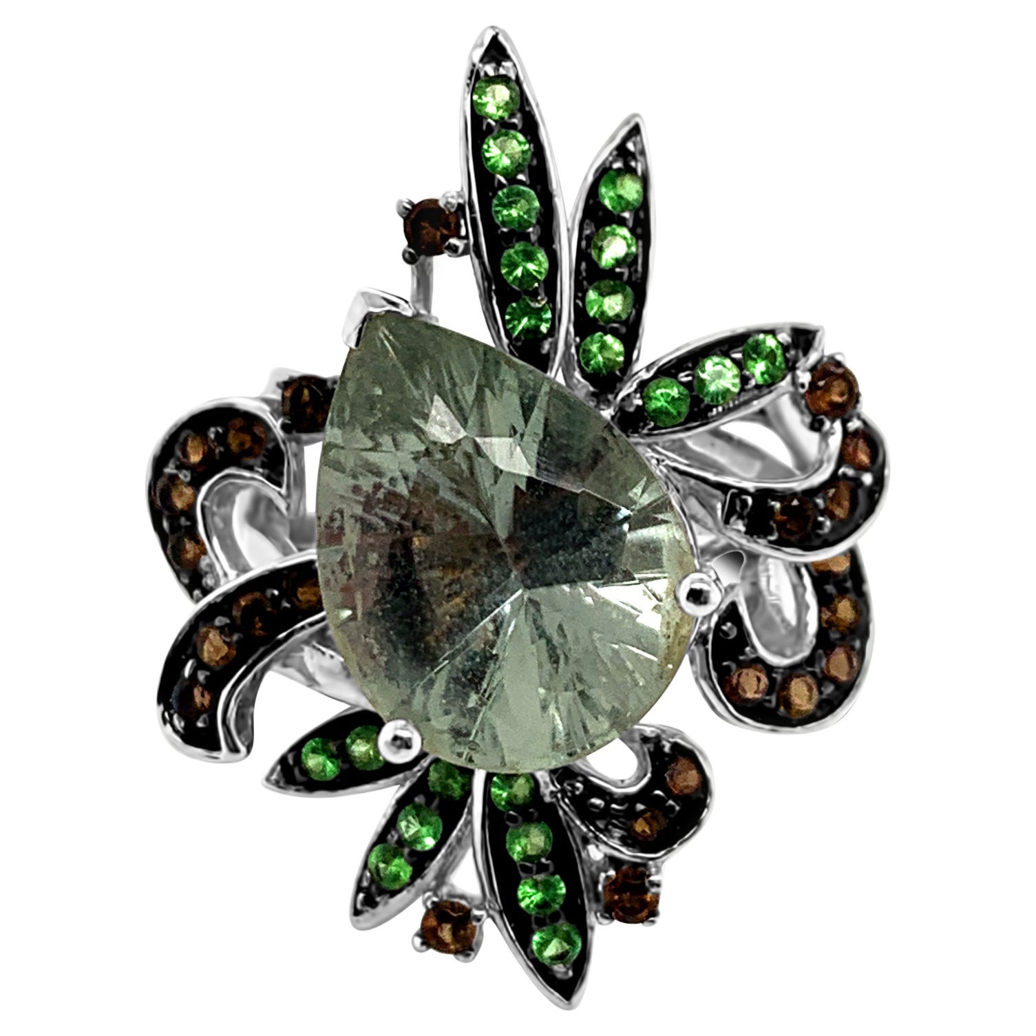 LeVian Ring Mint Quartz Chocolate Quartz Forest Green Tsavorite 14K White Gold