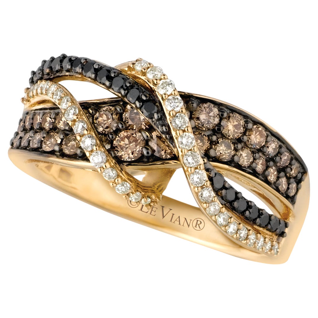 LeVian 14K Yellow Gold Round Black Chocolate Brown Diamond Fancy Cocktail Ring For Sale