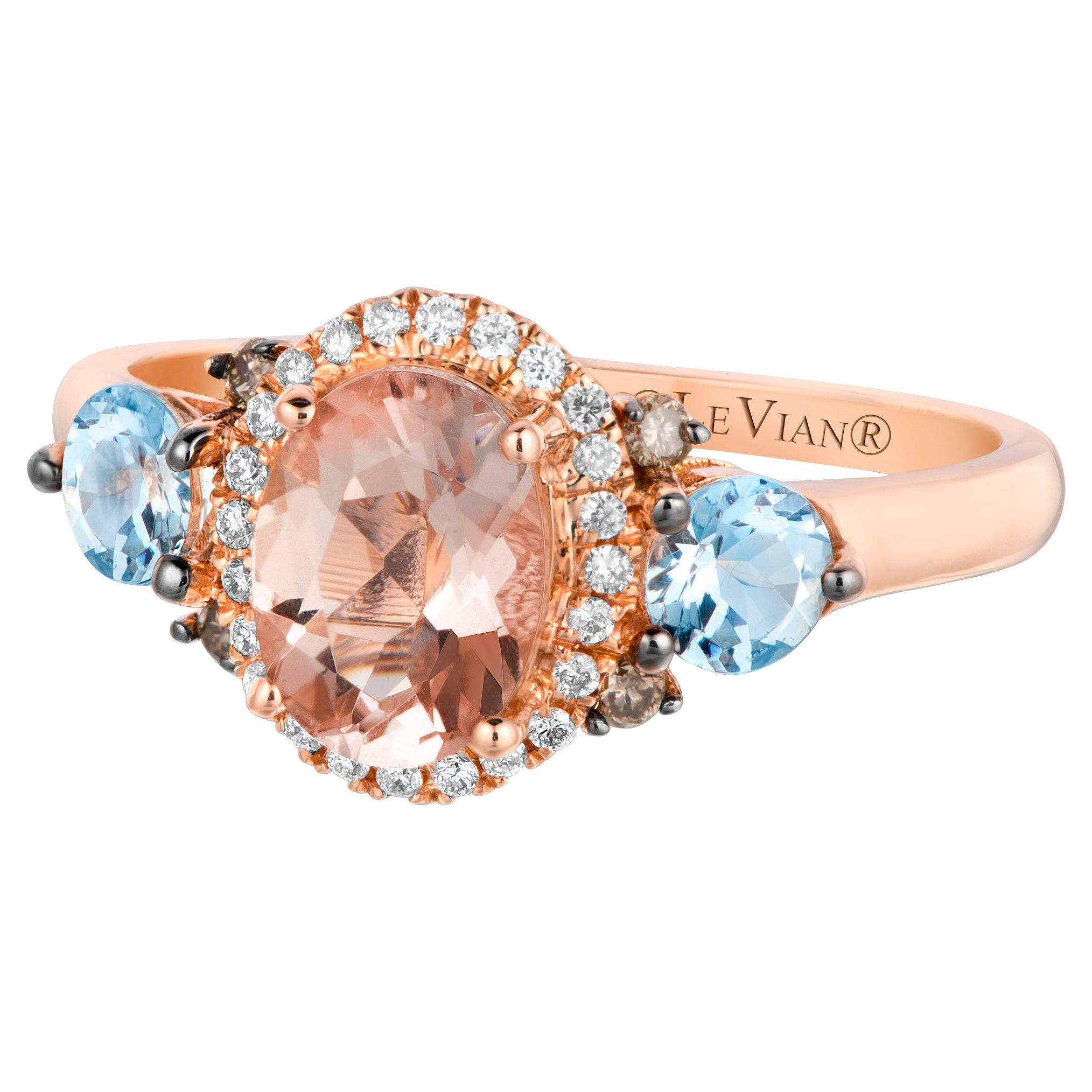 LeVian 14K Rose Gold Morganite Aquamarine Ronud Chocolate Brown Diamond Ring