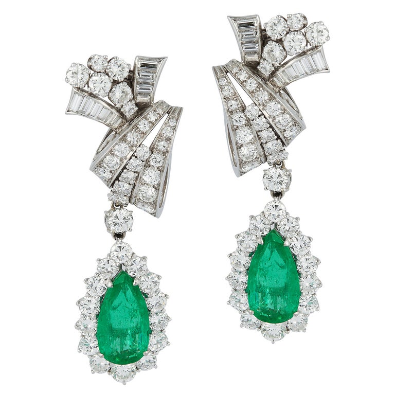 Pear Shape Emerald and Diamond Earrings For Sale at 1stDibs