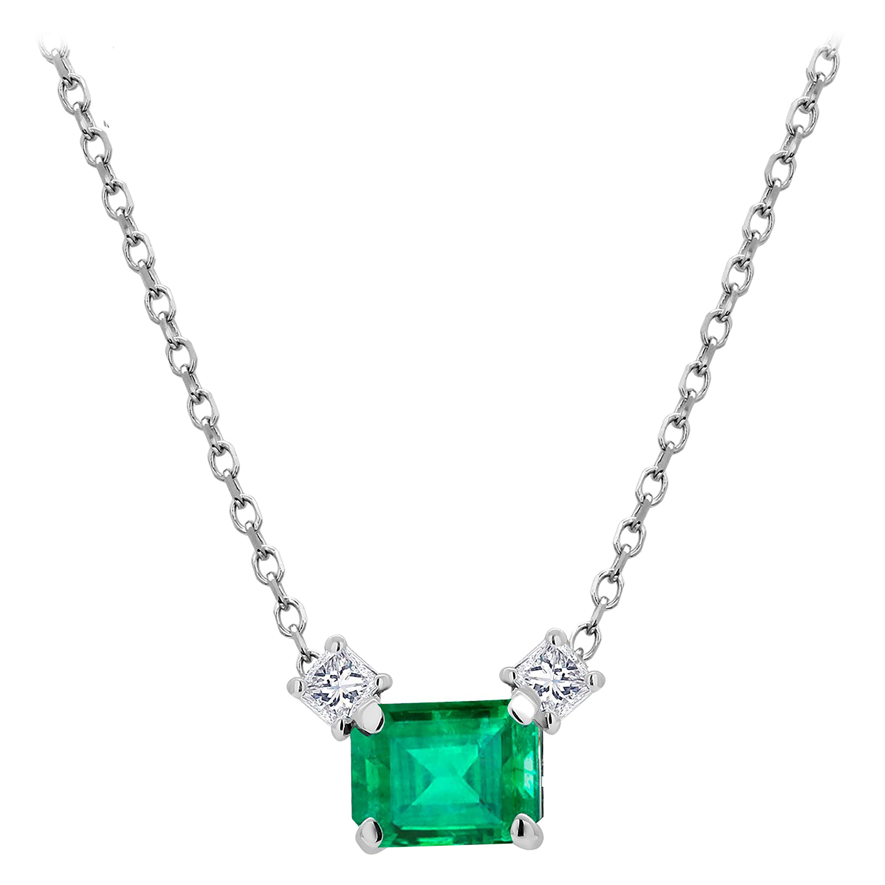Emerald and Princess Diamond Gold Drop Pendant Necklace