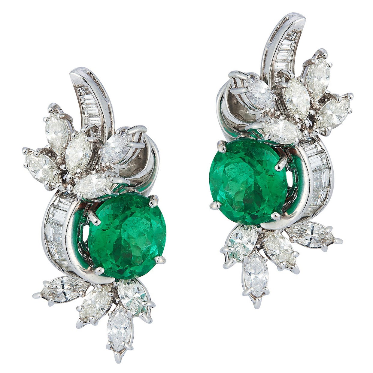 Emerald & Diamond Flower Earrings For Sale