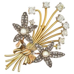 18kt Yellow Gold and Silver Pearl & Mine Cut Diamond Bouquet Brooch 