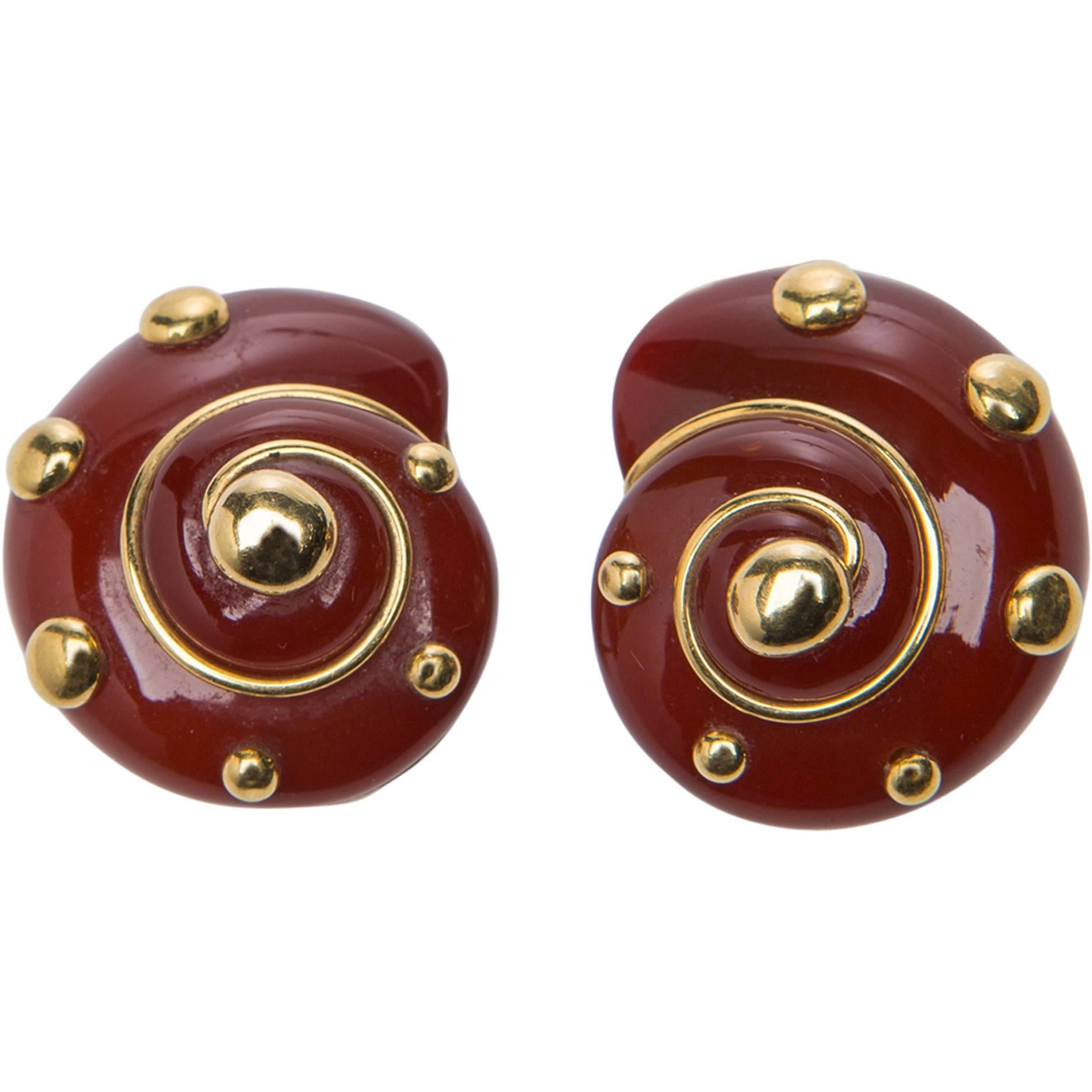 Verdura Carnelian Gold Shell Earrings