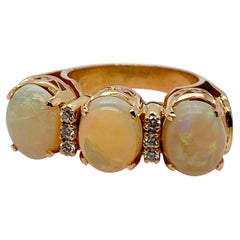 Vintage 18 Karat Yellow Gold Opal and Diamond Three-Stone Cocktail Ring