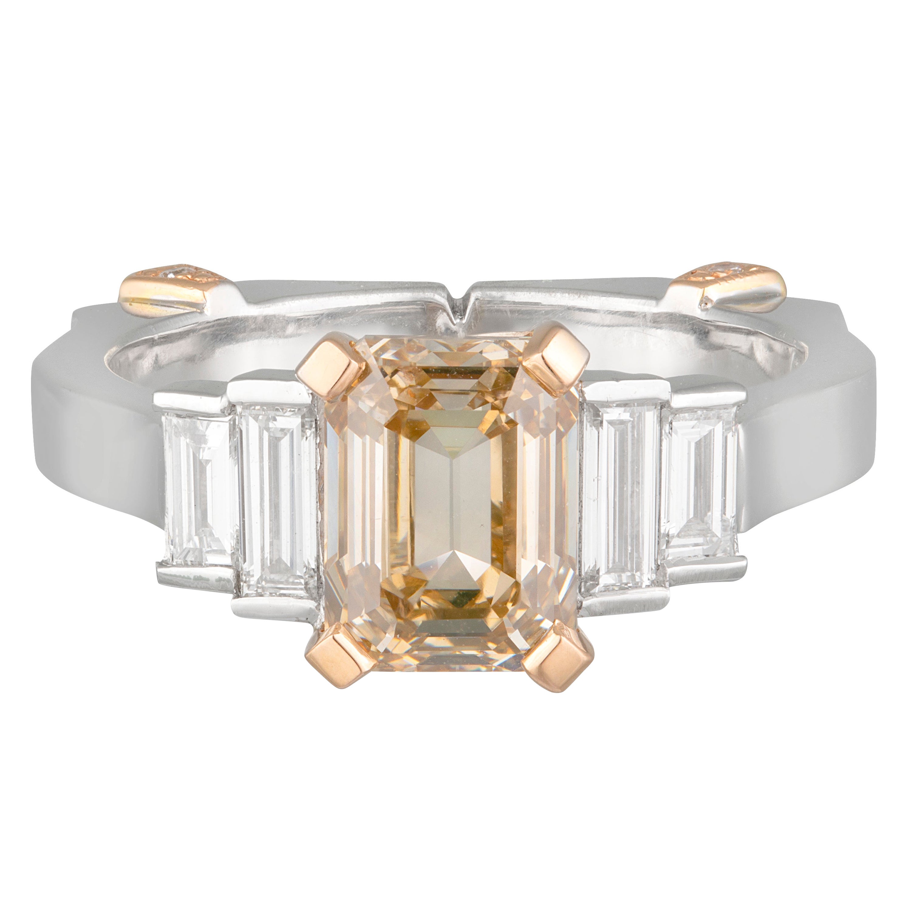 18ct Rose & White Gold 2.41ct Emerald Cut Cognac Diamond & Diamond Shoulder Ring For Sale
