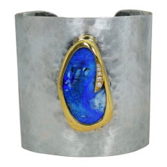 Australian Boulder Opal & Diamond 18k Gold and Sterling Silver Cuff Bracelet