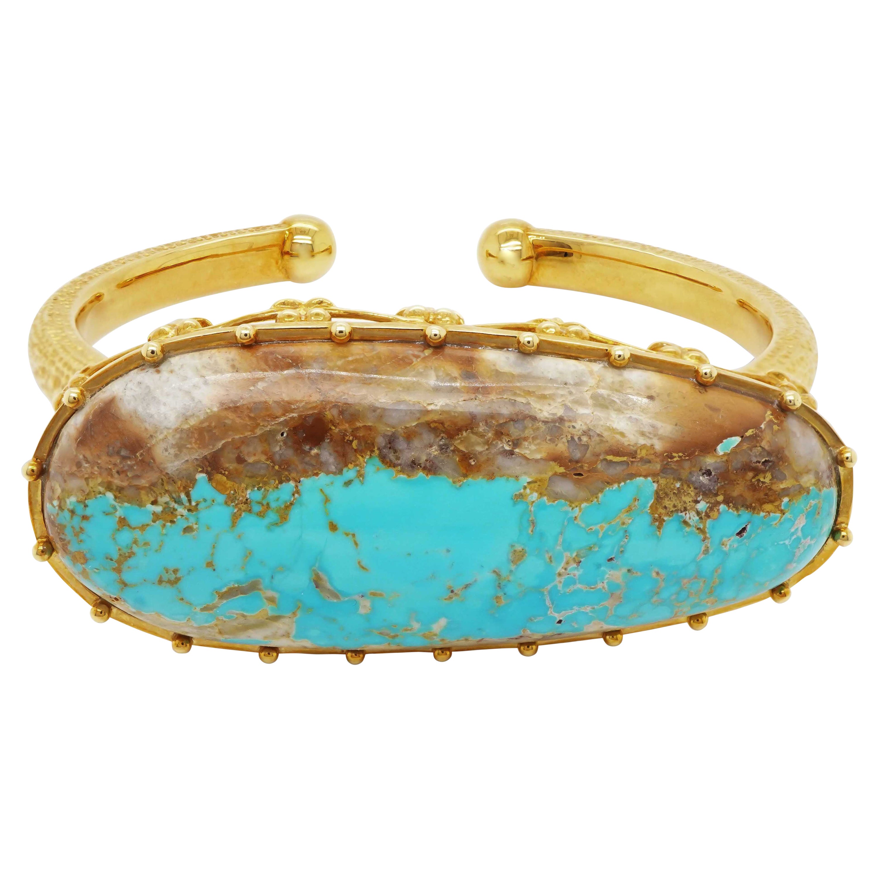 64.45 Carats Turquoise 18k Yellow Gold Mermaid Bangle For Sale