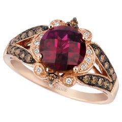 Joli bague cocktail LeVian en or rose 14 carats, grenat rhodolite, grenat rond et diamant brun