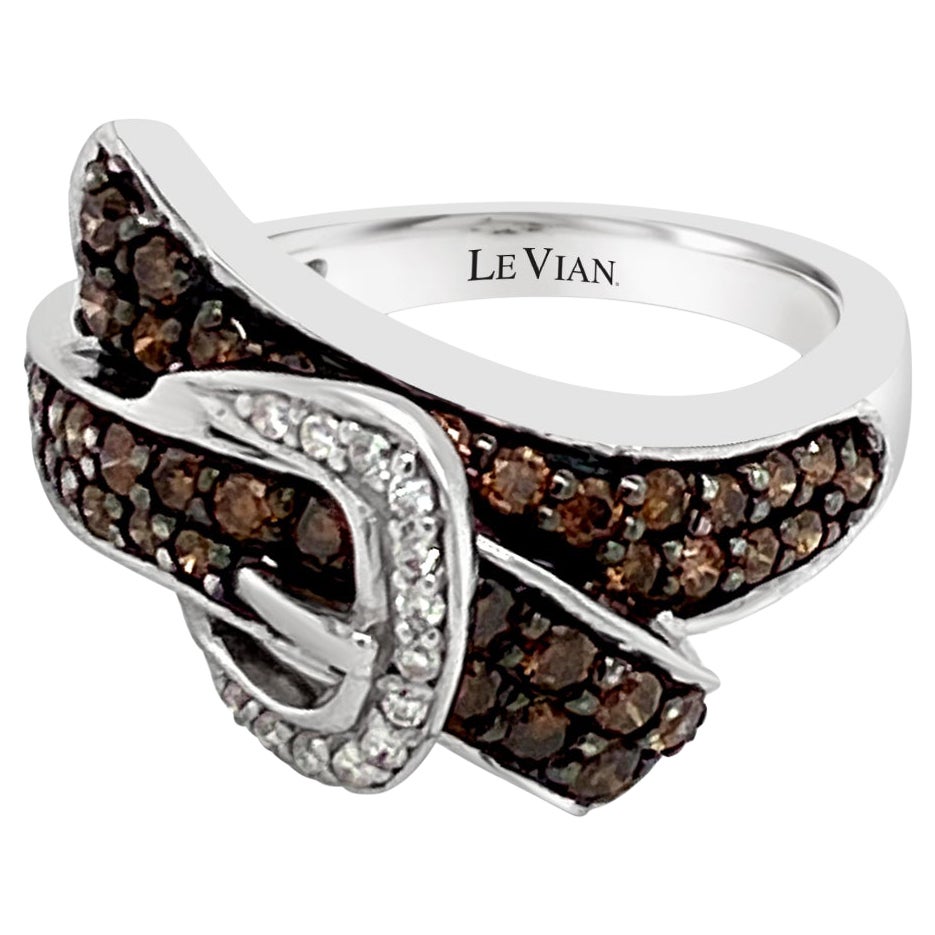 LeVian 14K White Gold Round Chocolate Brown Diamond Classic Buckle Cocktail Ring For Sale