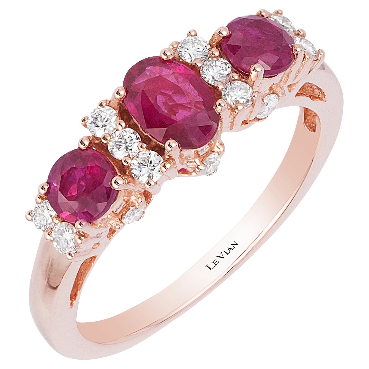 LeVian 14K Rose Gold Red Ruby Round Diamond Tri-Stone Classic Cocktail Ring For Sale