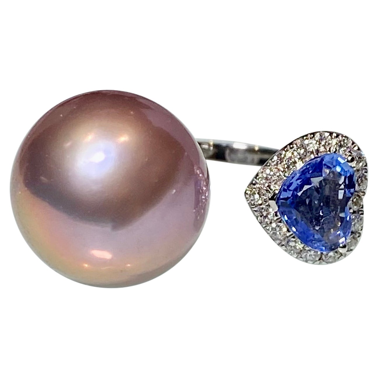 Eostre Lavender Colour Freshwater Pearl, Sapphire and Diamond Ring in 18K Gold For Sale