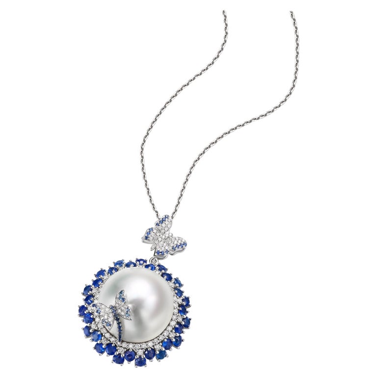 South Sea Pearl, Blue Sapphire and Diamond Pendant in 18k Gold For Sale