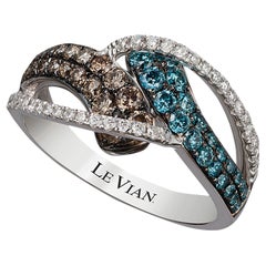 LeVian 14K White Gold Round Blue Chocolate Brown Diamonds Classy Cocktail Ring