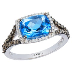 LeVian Ring Blue Topaz White Diamonds Chocolate Diamonds 14K White Gold