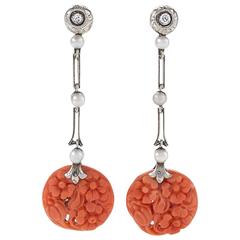 Antique Coral Pearl Diamond Platinum Earrings