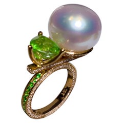 Eostre White South Sea Pearl, Tsavorite and Diamond Ring in 18K Yellow Gold