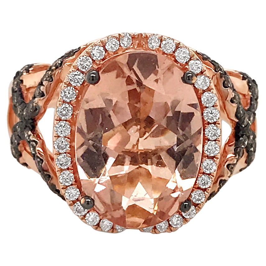 LeVian 14K Rose Gold Pink Morganite Chocolate Brown Round Diamond Halo Ring For Sale