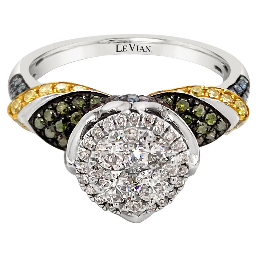 LeVian 18K White Gold Round Multi-Color Diamond Classic Authentic Cocktail Ring