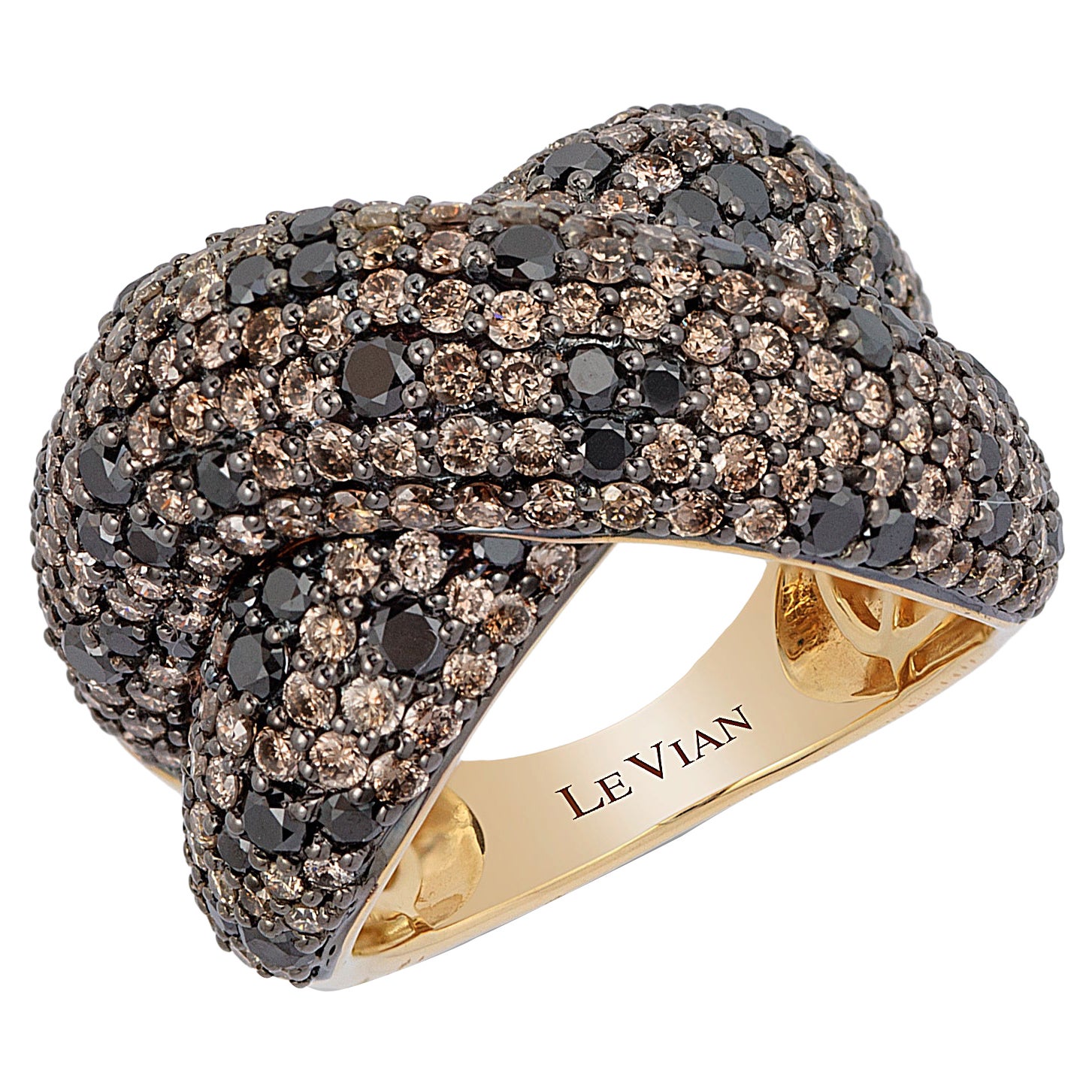 LeVian 14K Yellow Gold Round Black Chocolate Brown Diamond Classy Cocktail Ring For Sale