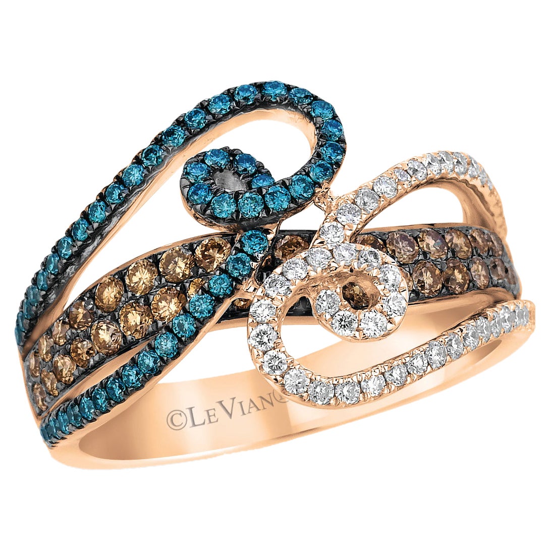 LeVian 14K Rose Gold Round Iced Blue Chocolate Brown Diamond Fancy Cocktail Ring For Sale