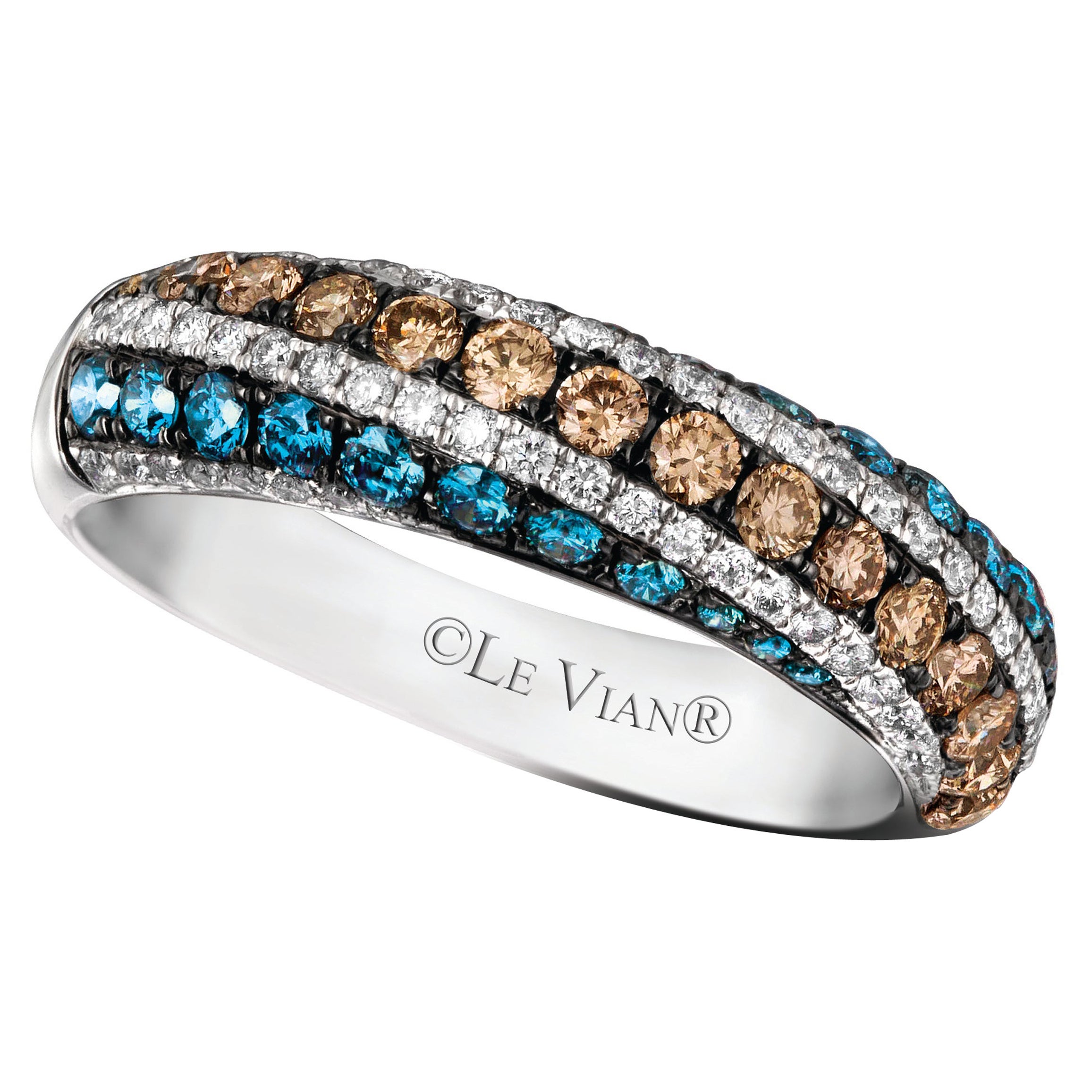 LeVian 14K White Gold Round Iced Blue Chocolate Brown Diamonds Cocktail Ring For Sale
