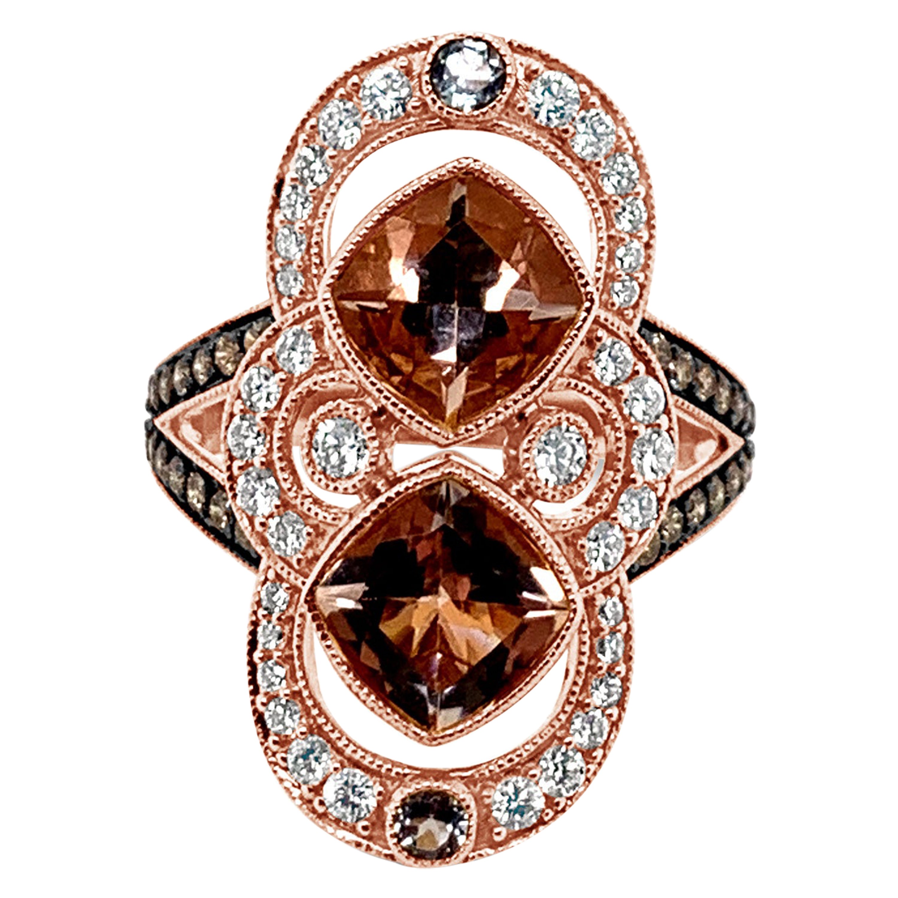 LeVian: 14 Karat Roségold Ring mit Morganit, Aquamarin, weißen Diamanten und Schokoladendiamanten