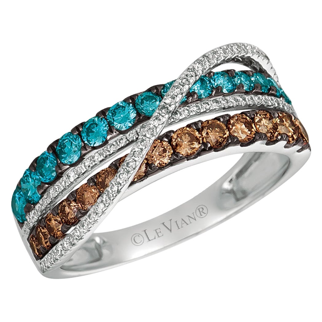 LeVian 14K White Gold Round Chocolate Brown Blue Diamonds Classic Cocktail Ring For Sale