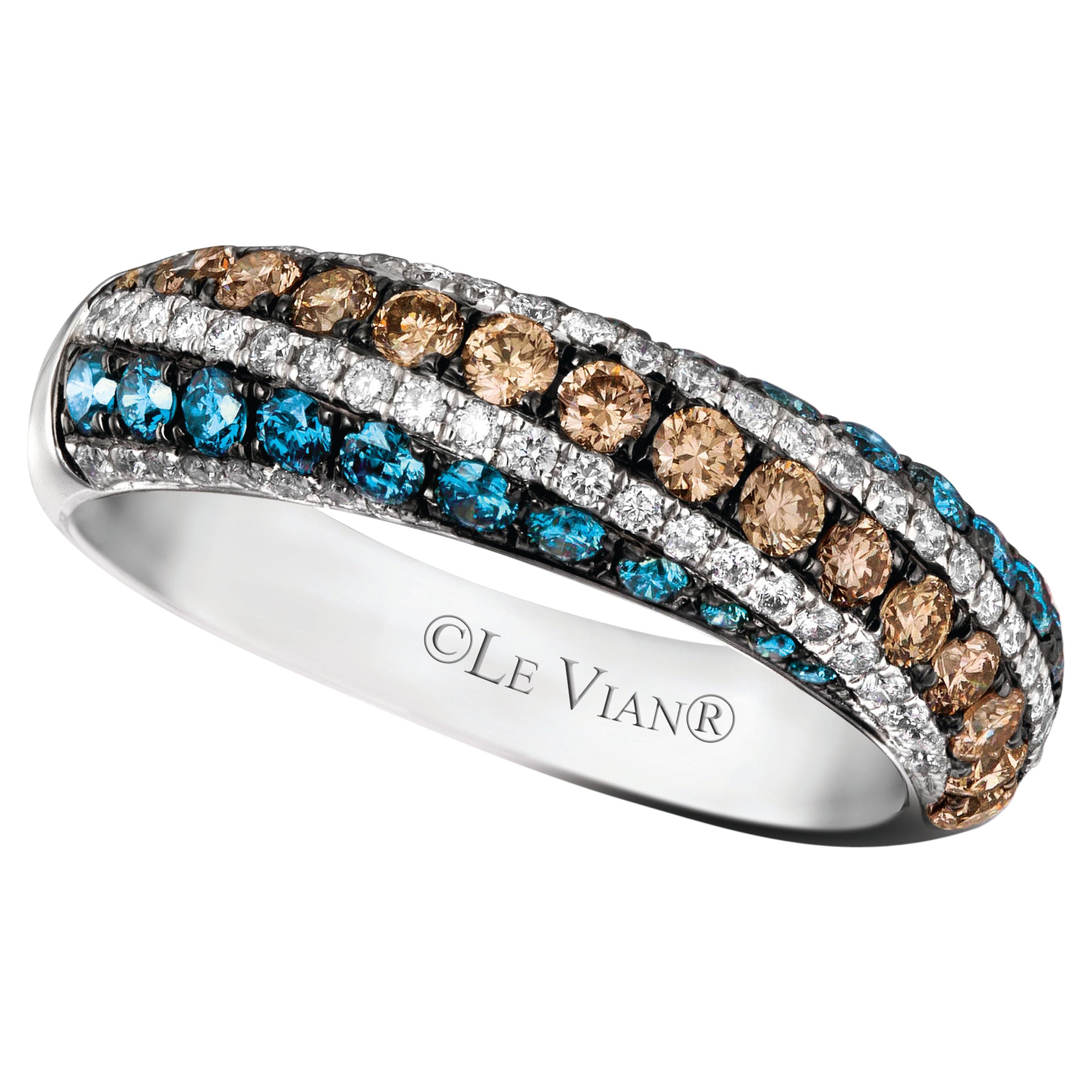 LeVian 14K White Gold Round Iced Blue Chocolate Brown Diamond Cocktail Ring