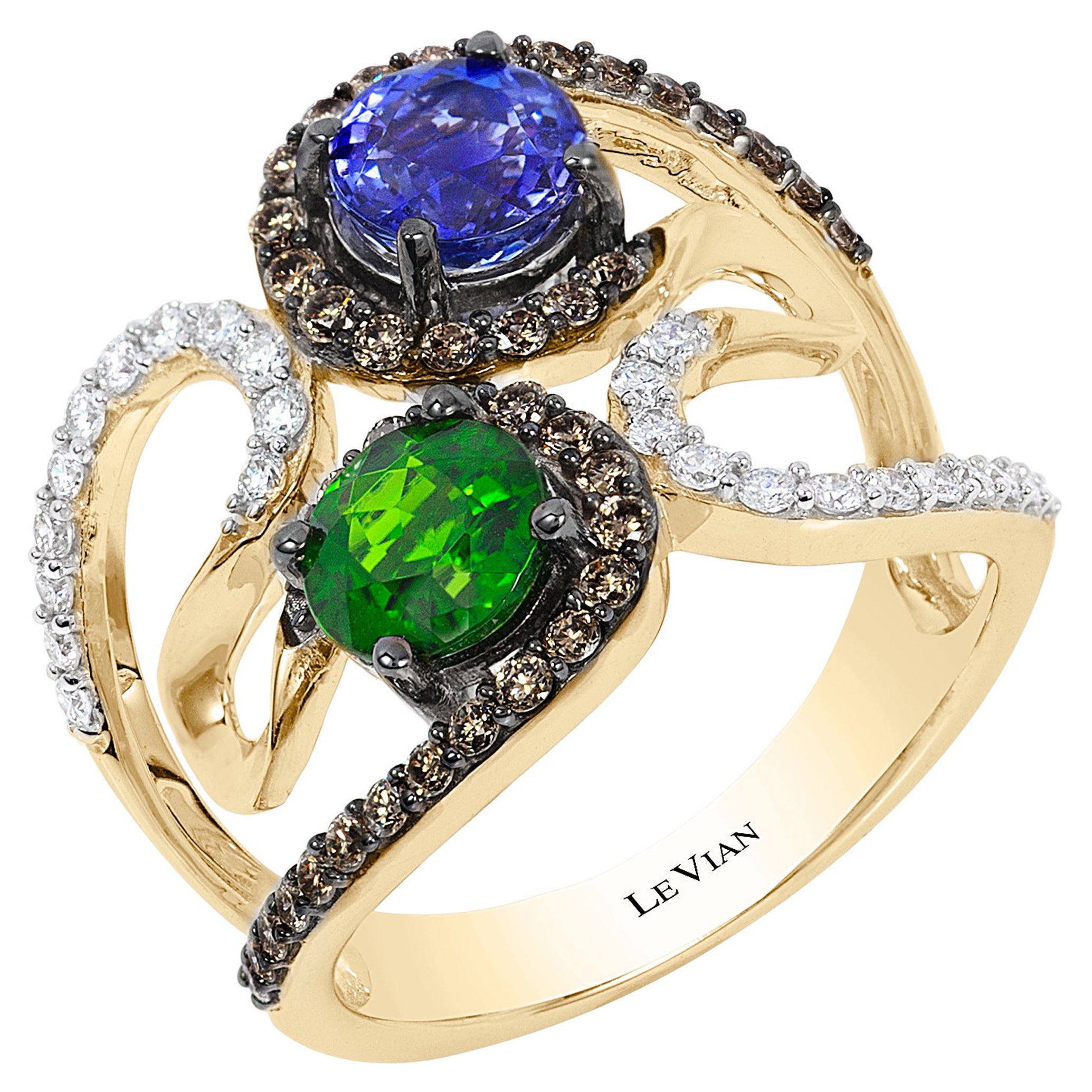 LeVian 14K Yellow Gold Chrome Diopside Tanzanite Chocolate Brown Diamond Ring For Sale