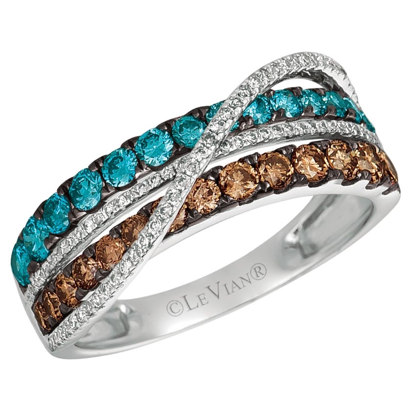 LeVian 14K White Gold Round Blue Chocolate Brown Diamonds Pretty Cocktail Ring For Sale