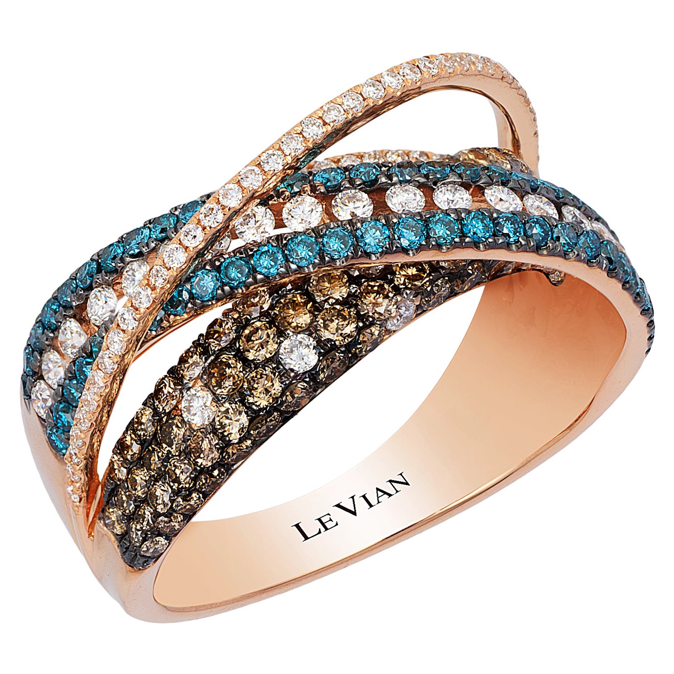 LeVian 14K Rose Gold Round Ice Blue Chocolate Brown Diamonds Cocktail Ring For Sale