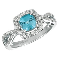 LeVian 14K White Gold Blue Zircon Round Diamond Split Shank Bridal Halo Ring