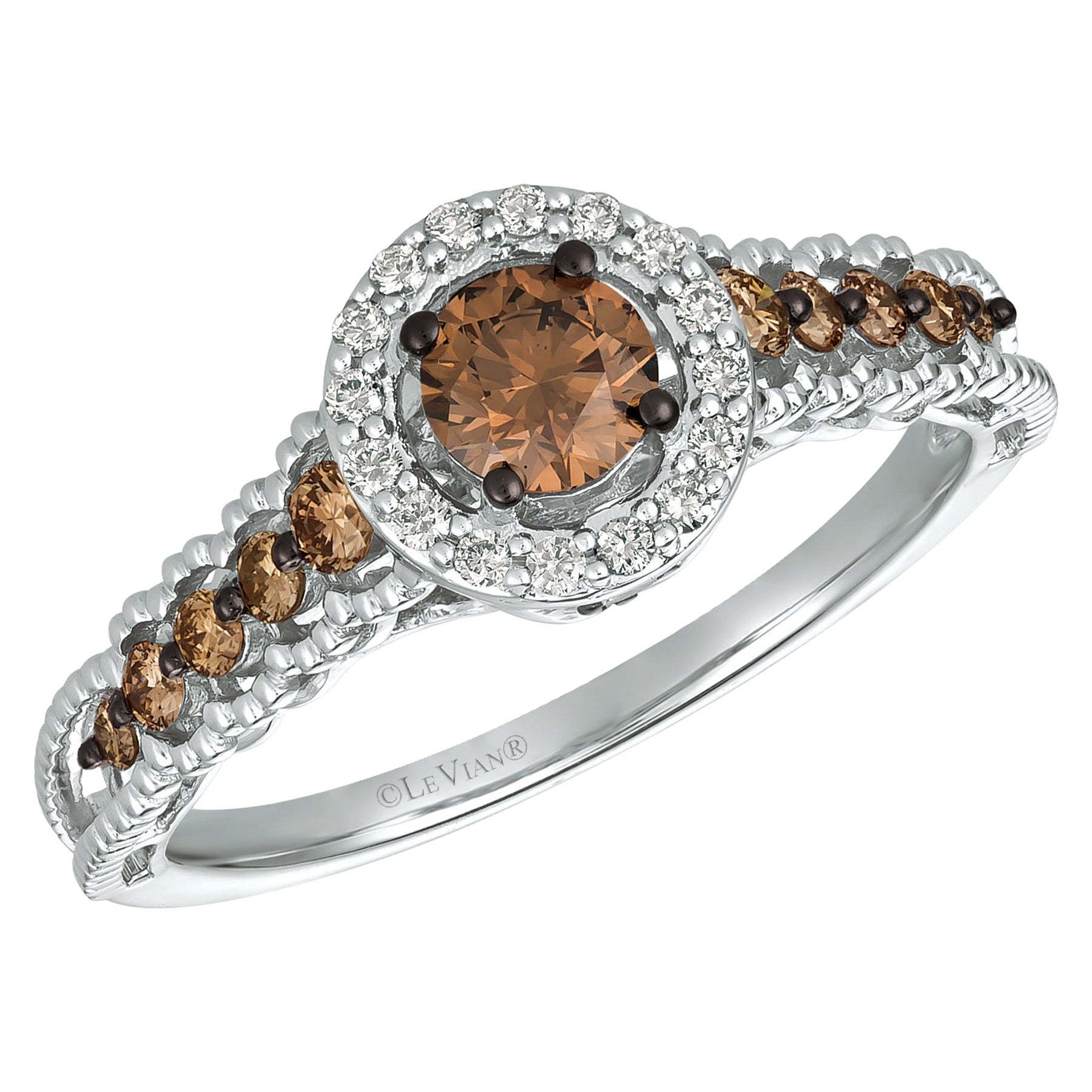LeVian 14K White Gold Round Diamond Beautiful Fancy Bridal Halo Wedding Ring For Sale