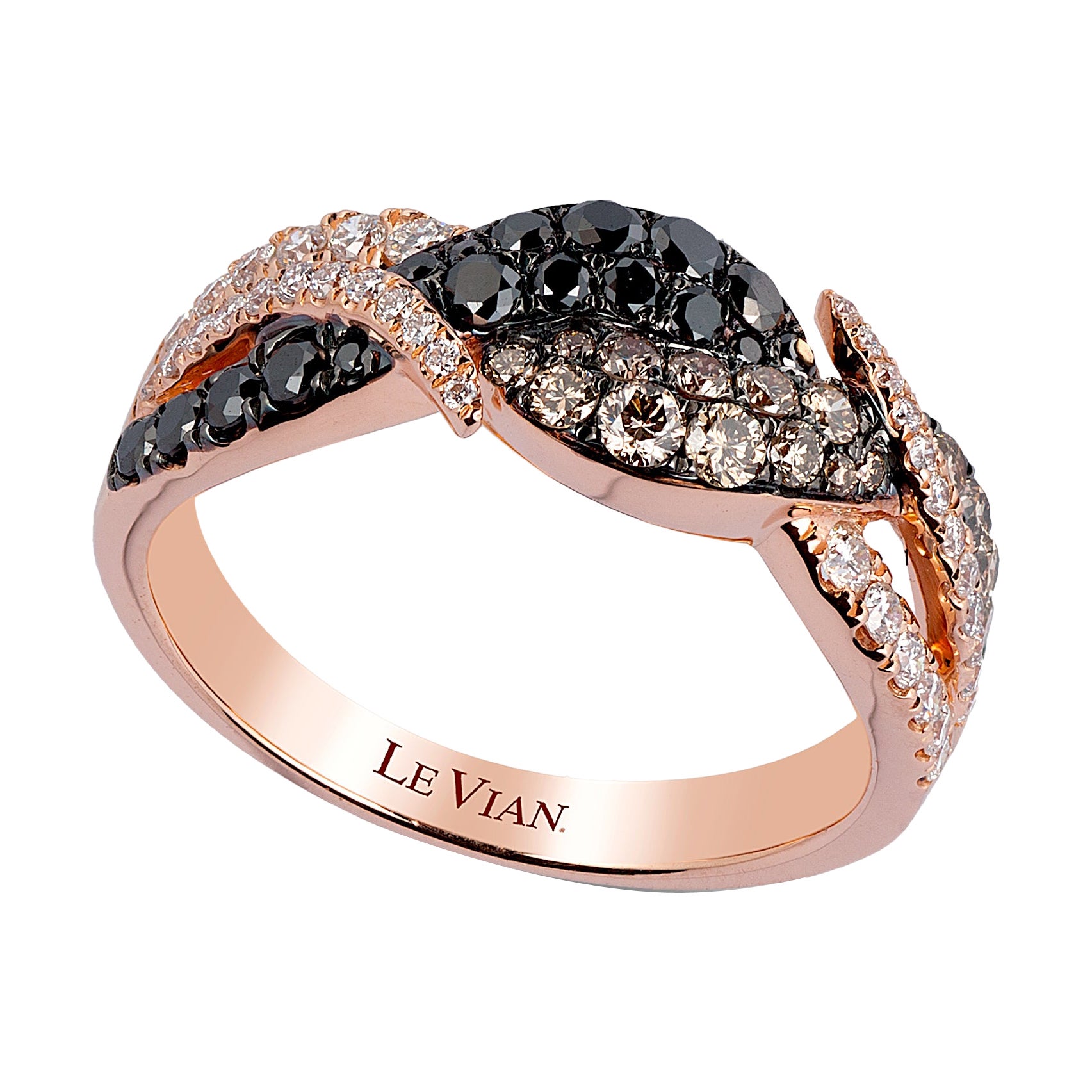 LeVian 14K Rose Gold Round Black Chocolate Brown Diamonds Classic Cocktail Ring For Sale