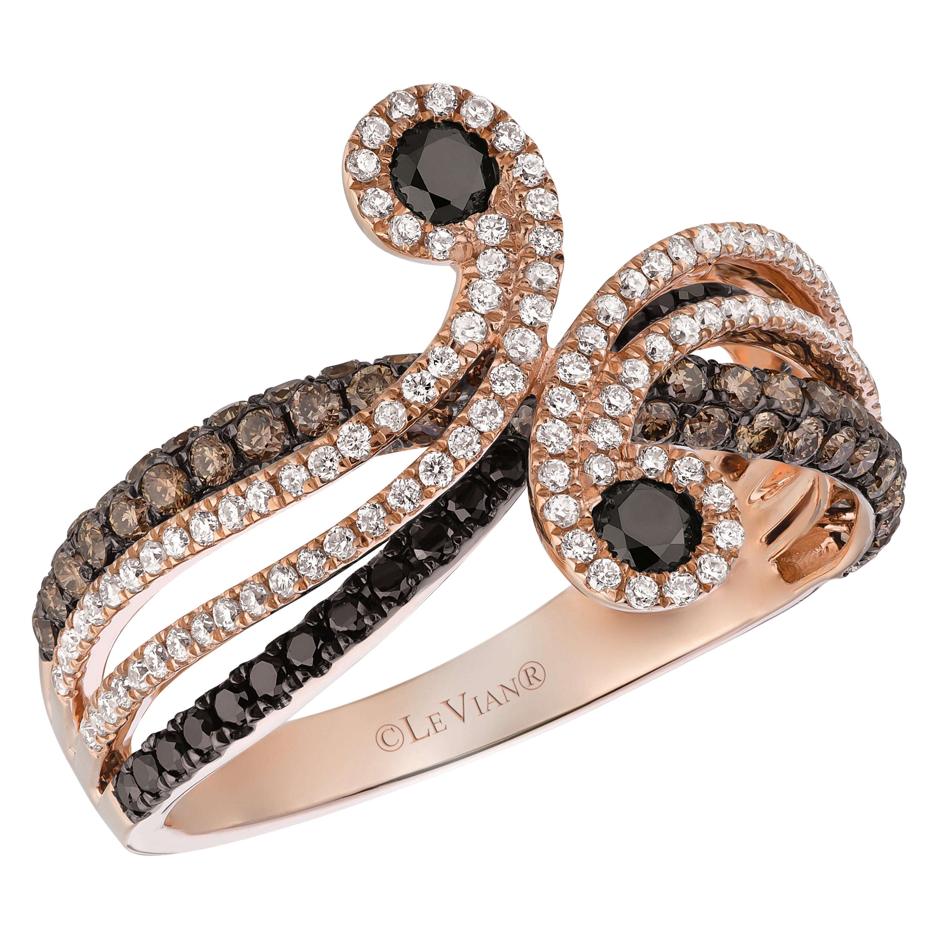 LeVian 14K Rose Gold Black Chocolate Brown Round Diamond Classic Cocktail Ring For Sale