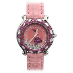 Chopard Stainless Steel Diamond Ruby Happy Sport Love Quartz Wristwatch