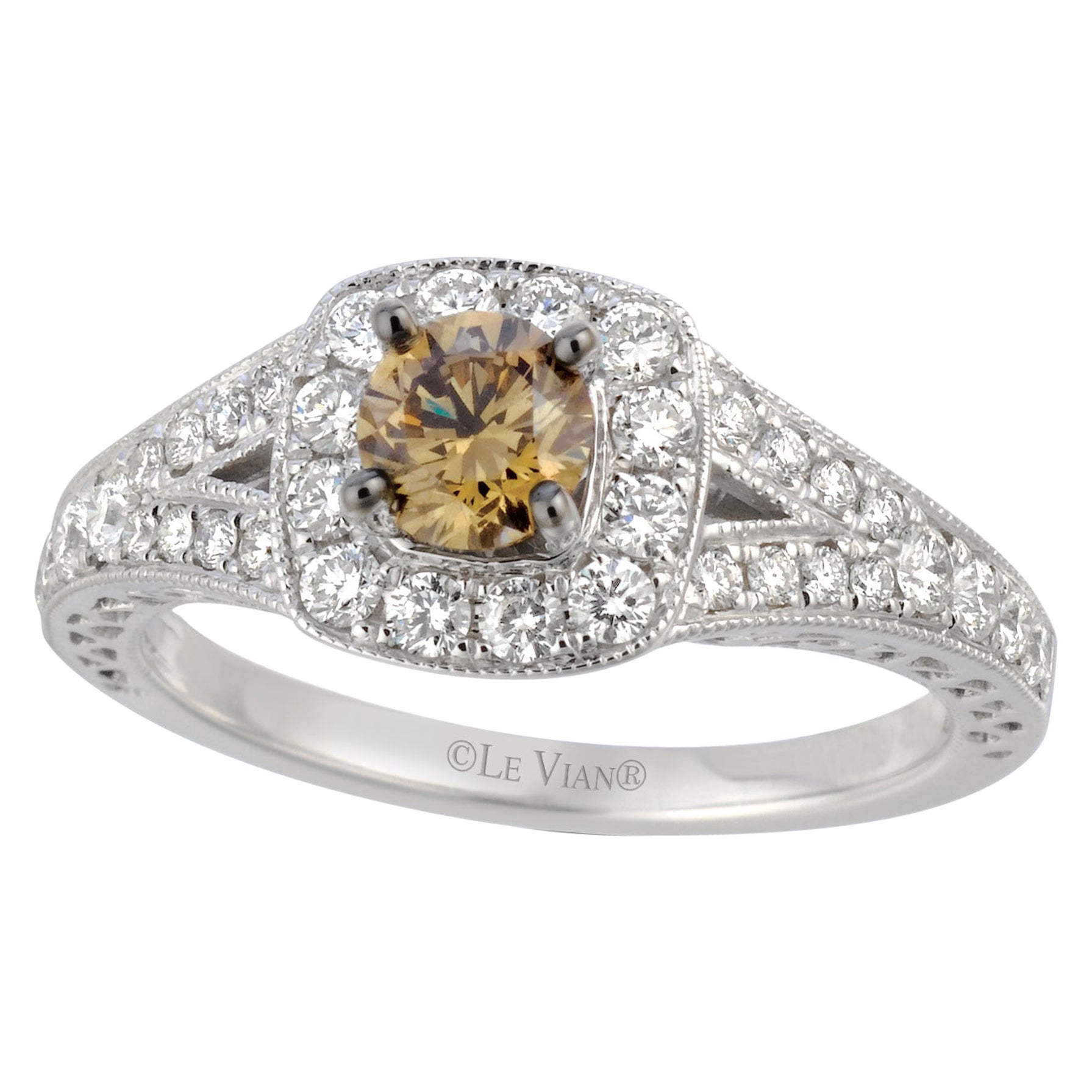 LeVian 14K White Gold Round Chocolate Brown Diamond Bridal Wedding Halo Ring For Sale
