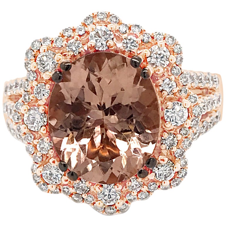LeVian 18K Rose Gold Pink Morganite Chocolate Brown Round Diamonds Halo Ring For Sale