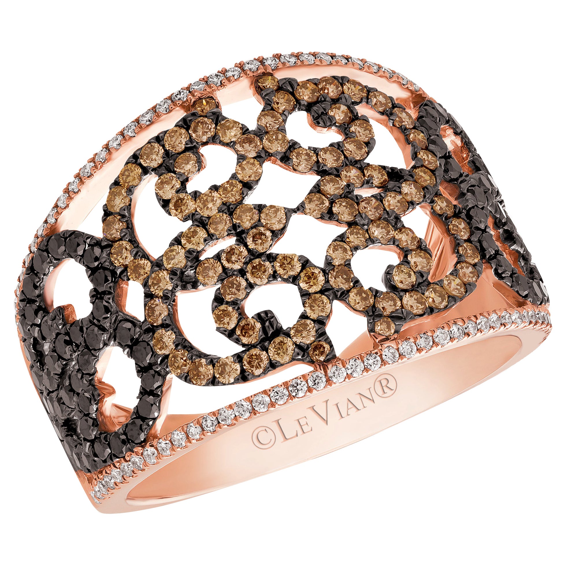 LeVian 14K Rose Gold Round Black Brown Chocolate Diamonds Pretty Cocktail Ring