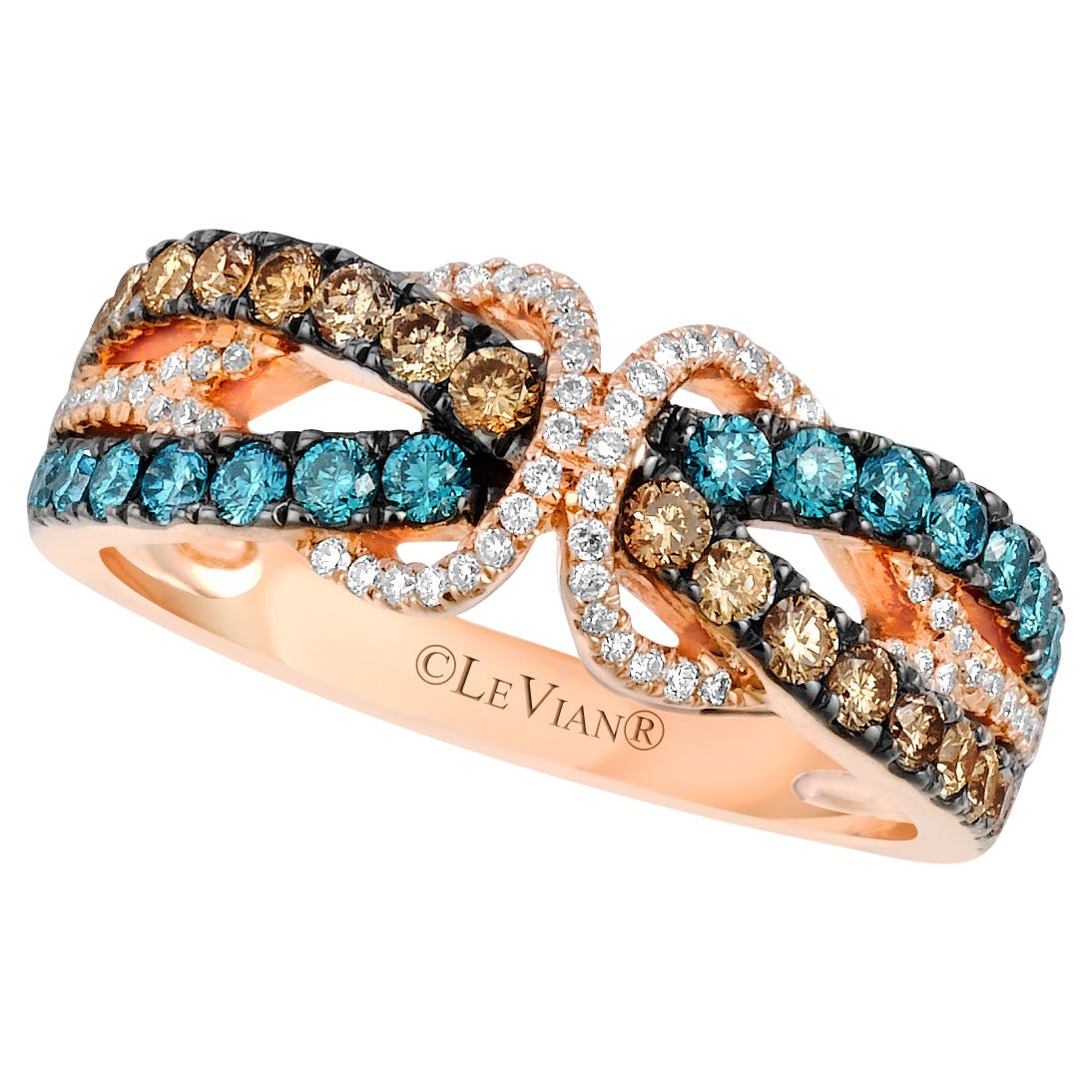 LeVian 14K Rose Gold Round Blue Chocolate Brown Diamonds Pretty Cocktail Ring For Sale